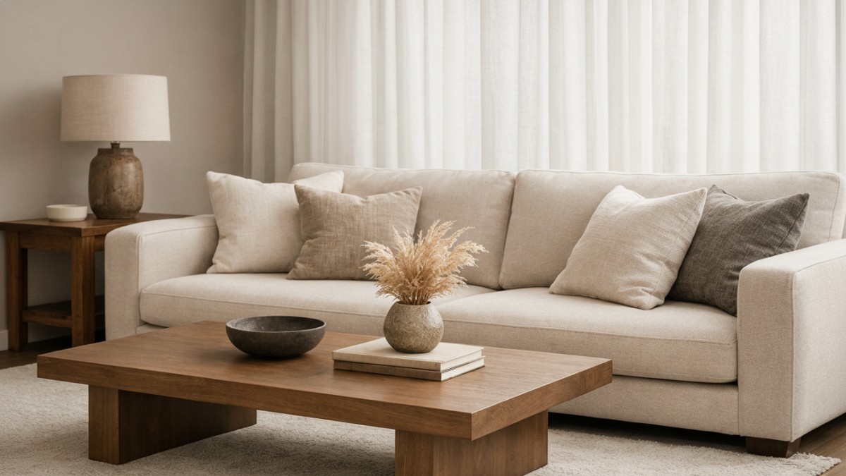 Tekstur kain dan kayu dalam interior ruang tamu elegan.