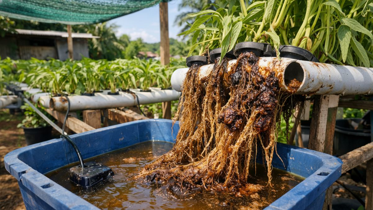 Akar kangkung hidroponik terkena nutrisi terlalu pekat.