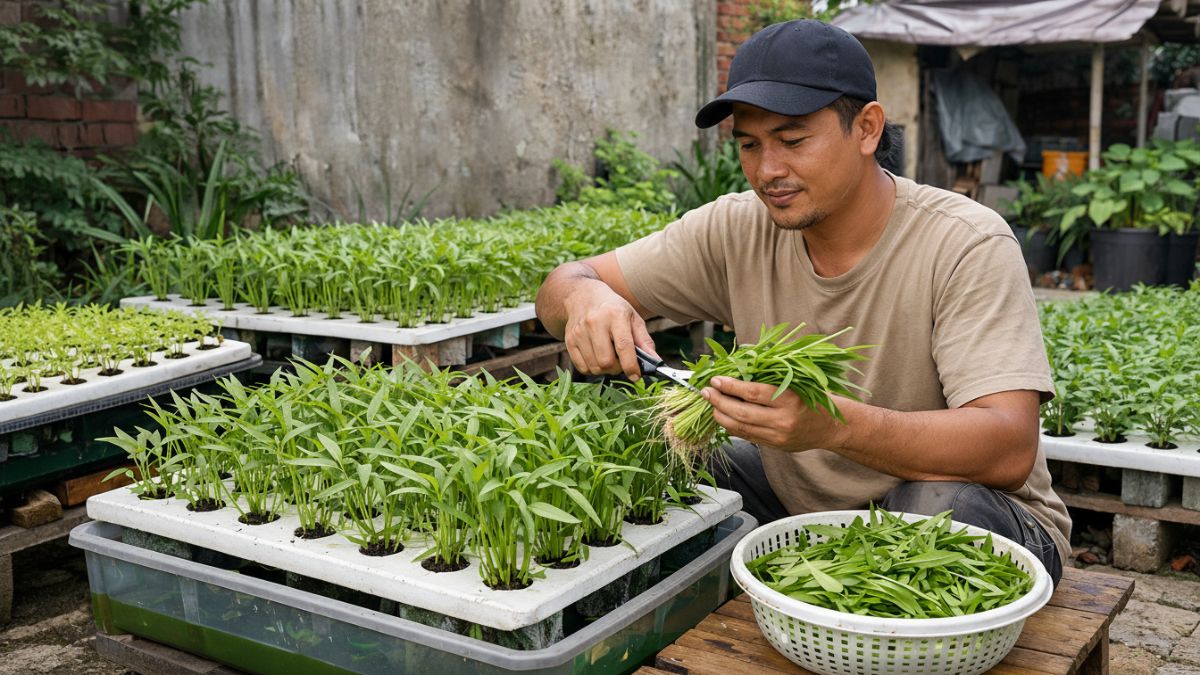 Panen kangkung hidroponik dari sistem sederhana.