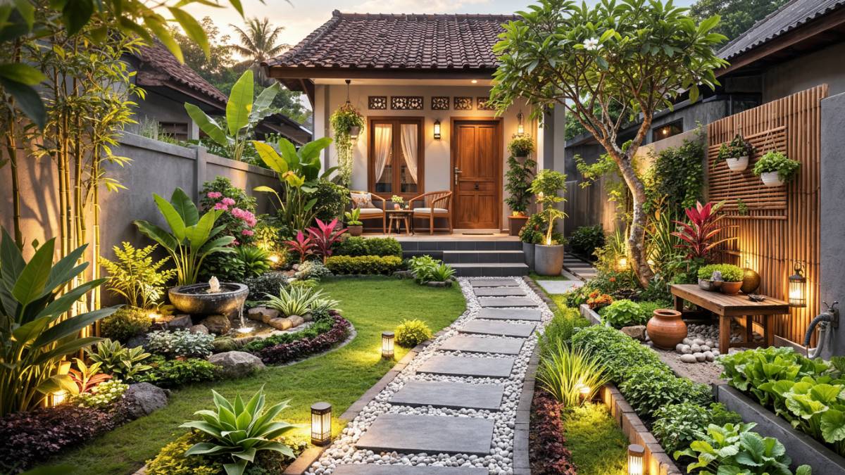 Taman rumah minimalis di desa yang rapi dengan tanaman lokal dan jalur batu sederhana.