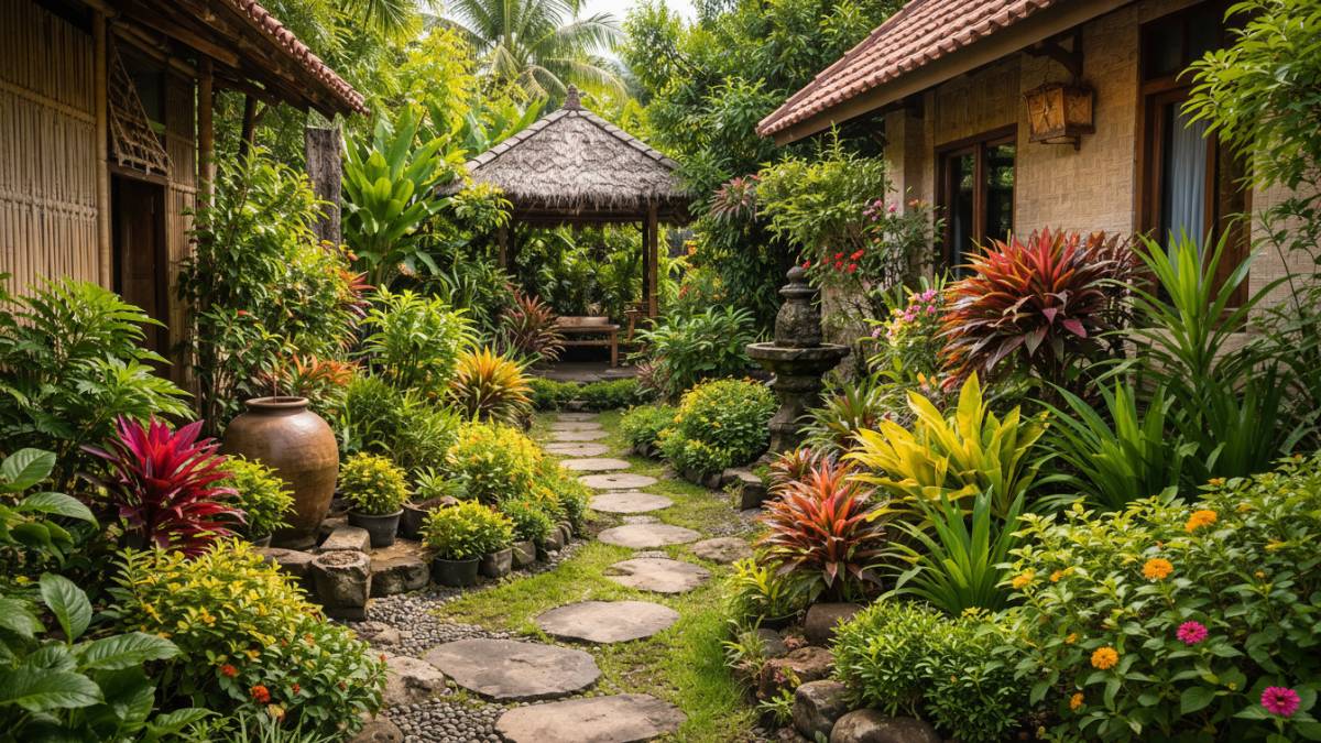 Area taman rumah minimalis di desa dengan tanaman lokal tertata sederhana.