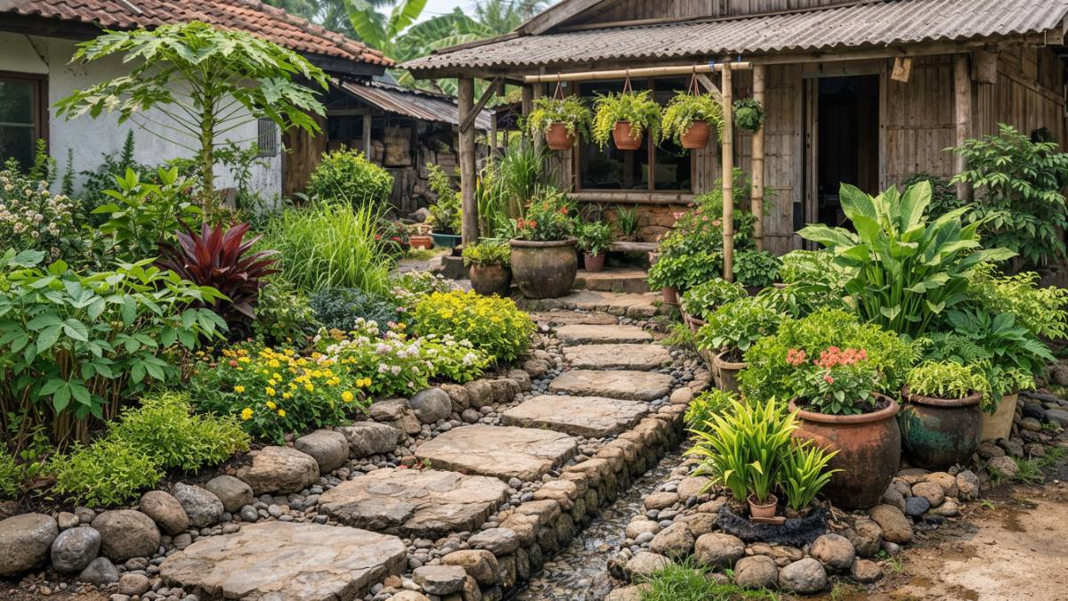 Contoh taman rumah desa yang terlalu padat tanaman.