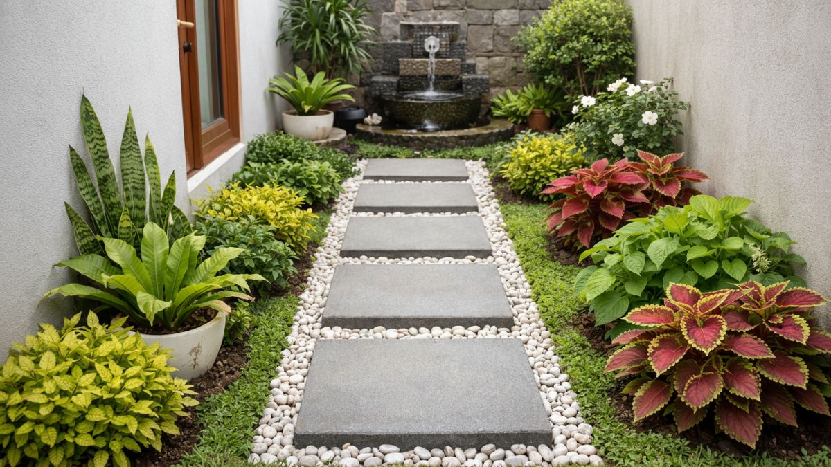 Contoh ukuran jalur pijakan taman rumah minimalis di desa.