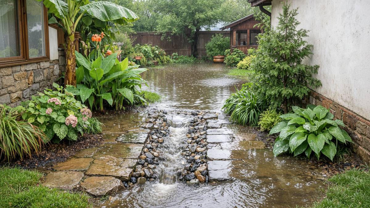 Drainase taman rumah minimalis di desa setelah hujan.