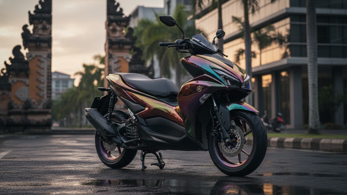 Detail efek warna bunglon Aerox Alpha 2026 yang berubah sesuai sudut cahaya.