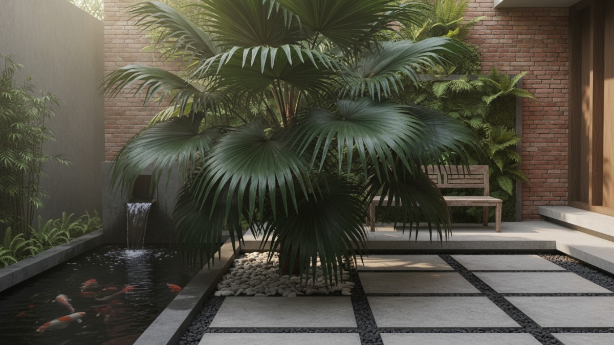 Detail daun palem kipas berbentuk melebar di taman minimalis.