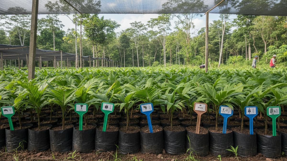 Bibit palem di nursery dengan label ukuran dan jenis.