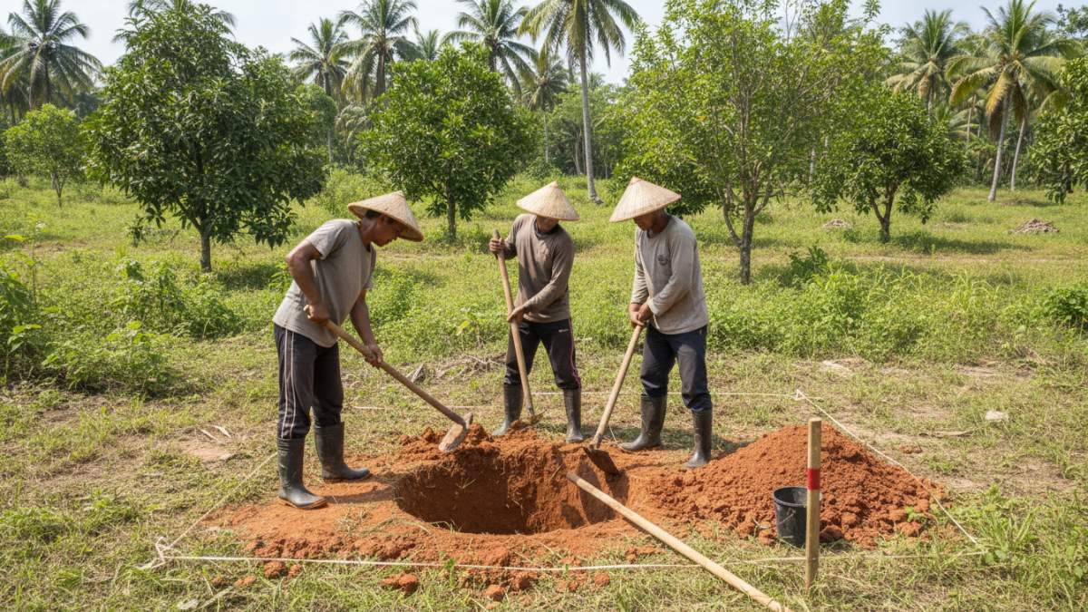 Proses penggalian lubang tanam palem sesuai standar ukuran. 