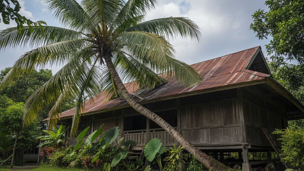 Pohon palem tinggi dekat atap rumah sebagai contoh risiko salah penempatan.