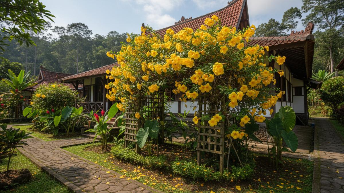 Bunga alamanda kuning mekar di pekarangan rumah tropis, simbol tanaman hias yang juga dikenal dalam pengobatan tradisional.