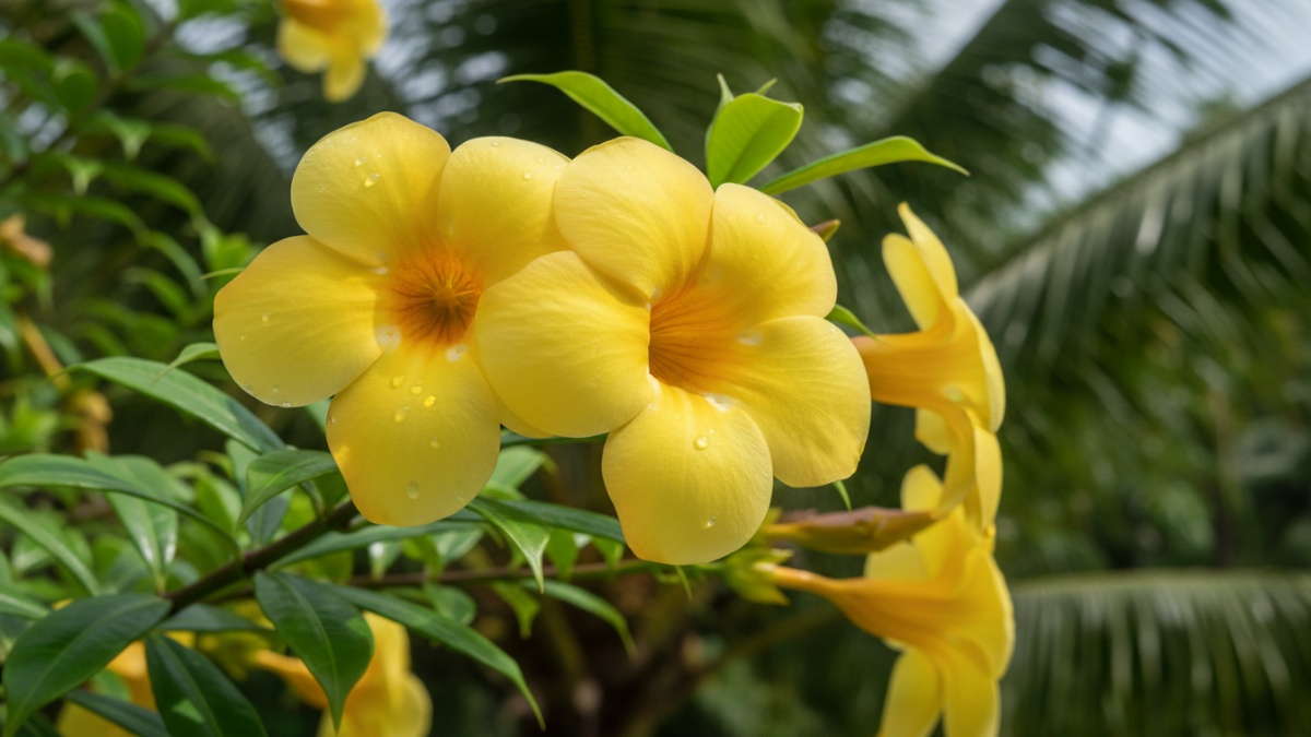 Detail bunga Allamanda cathartica berbentuk terompet kuning terang di bawah sinar matahari tropis.