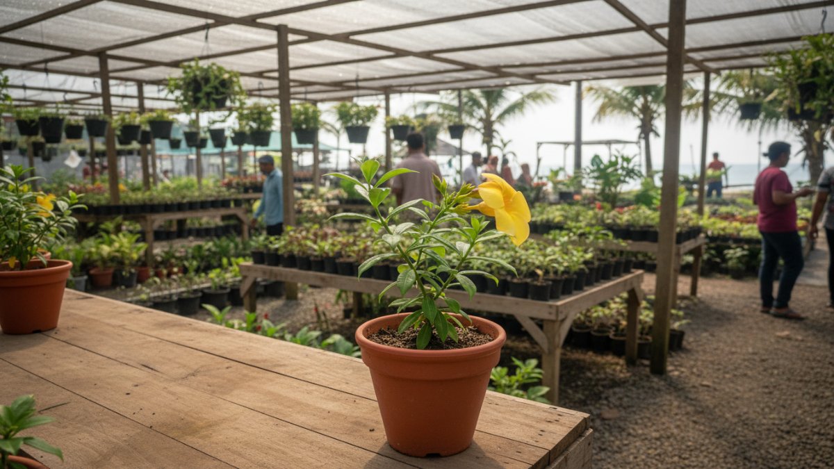 Bibit alamanda dalam pot kecil di toko tanaman lokal Balikpapan.