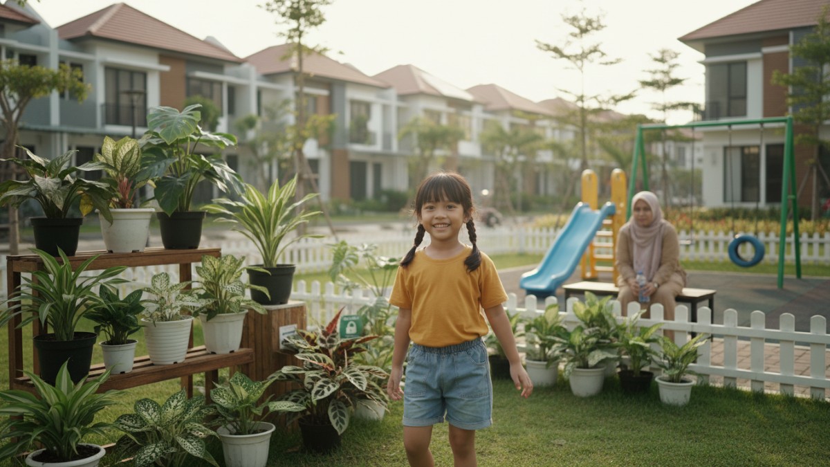 Anak kecil bermain di taman dekat tanaman hias, ilustrasi pentingnya keamanan.