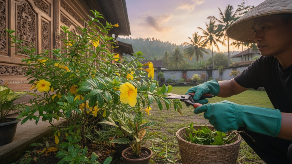 Proses pemangkasan alamanda menggunakan sarung tangan kebun.