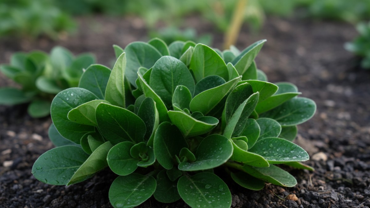 Close-up daun Gynura divaricata berwarna hijau tebal siap dipanen.