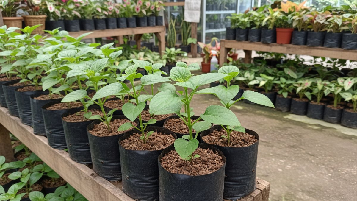 Bibit daun dewa dalam polybag di toko tanaman lokal.