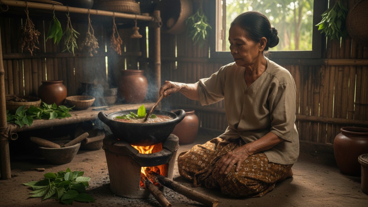 Proses perebusan daun tapak liman sebagai ramuan tradisional.