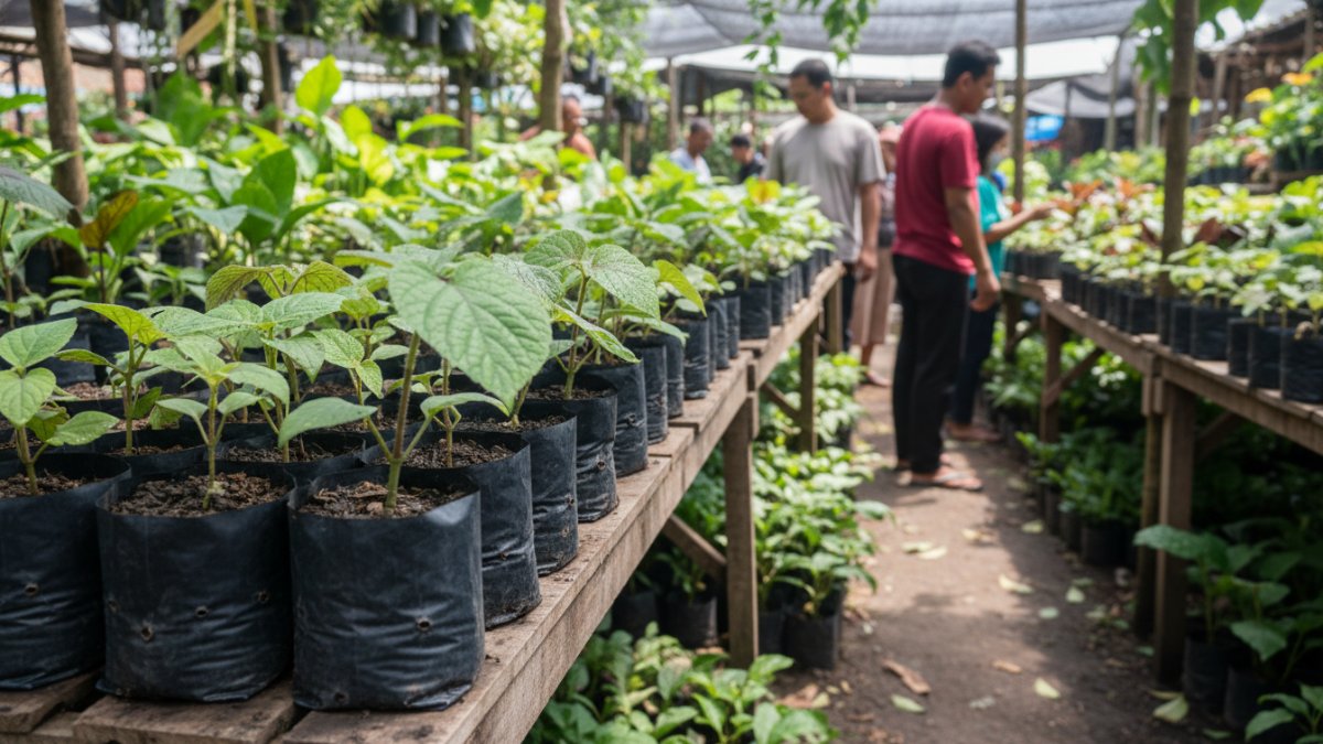 Bibit tapak liman dalam polybag di pasar tanaman lokal Balikpapan.