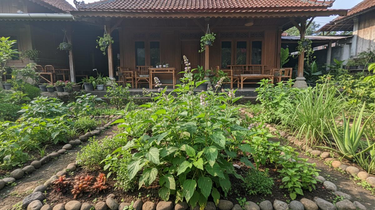 Kebun tanaman obat keluarga dengan tapak liman di halaman rumah.