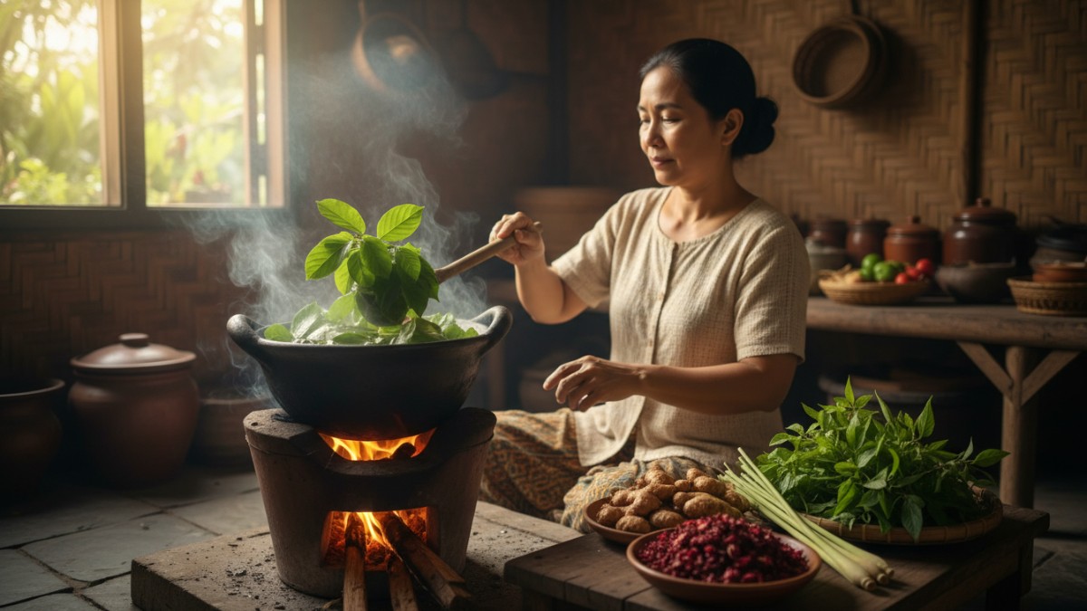 Proses perebusan daun herbal di dapur rumah.