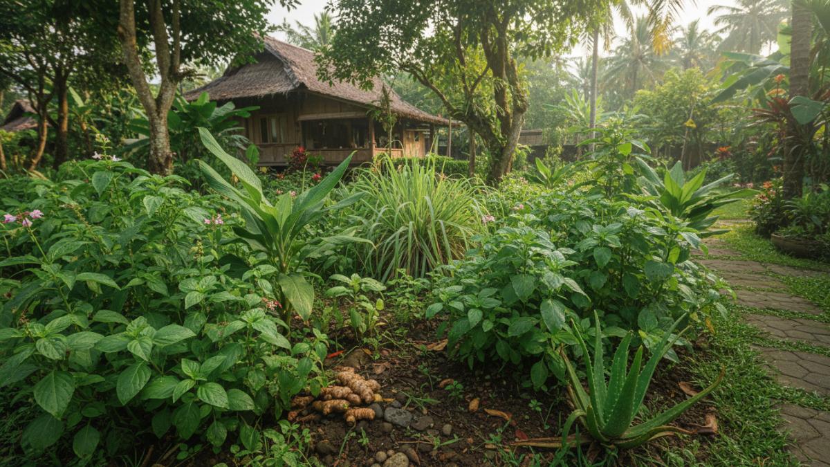 Tanaman herbal tumbuh subur di halaman tropis.