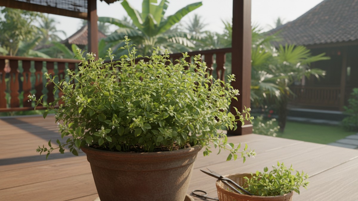 Tanaman marjoram segar dalam pot teras rumah Balikpapan, siap dipanen untuk bumbu dapur.