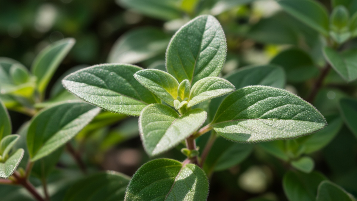 Close-up daun Origanum majorana beraroma lembut.