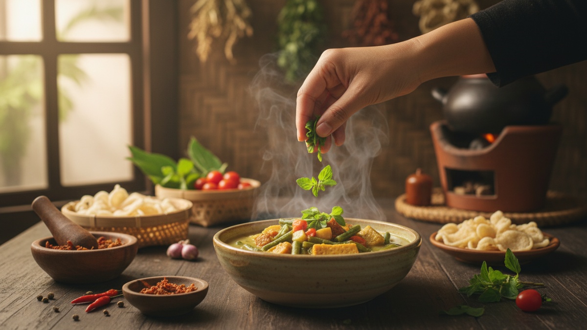 Marjoram cincang ditambahkan ke masakan rumahan.