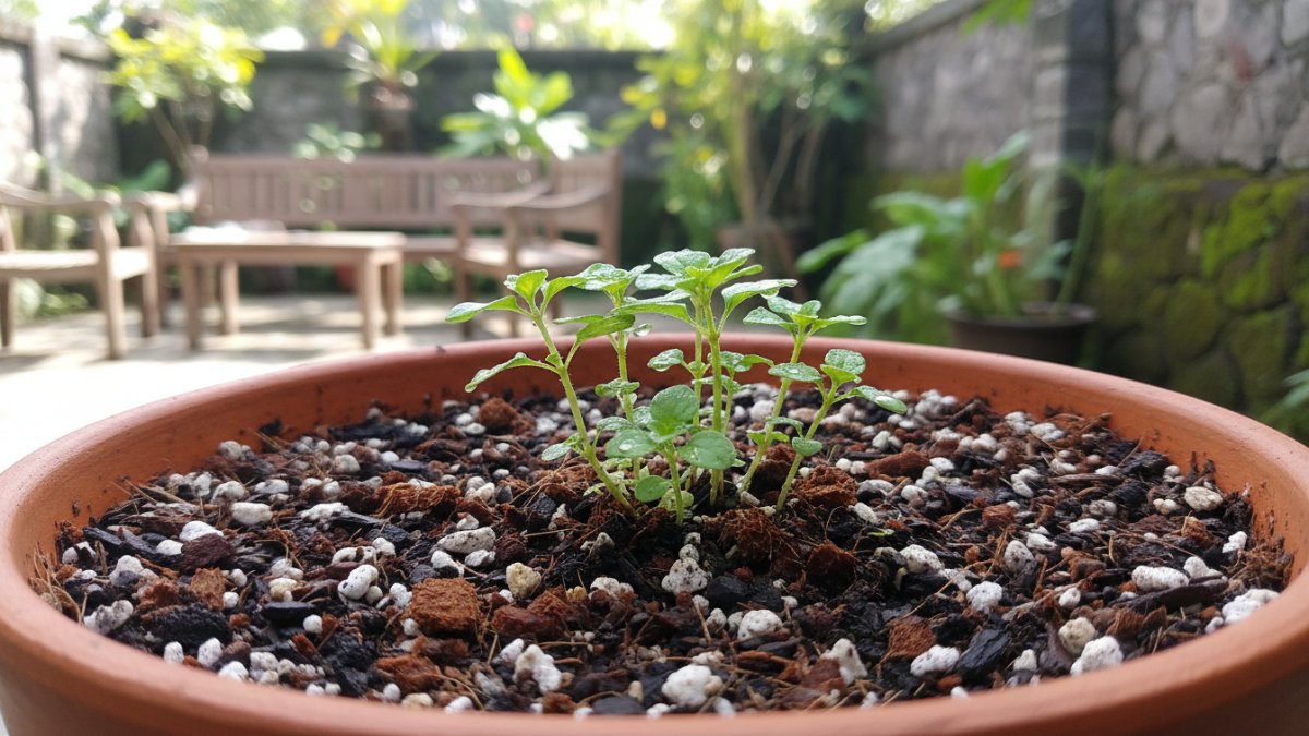 Bibit marjoram dalam pot dengan media porous.