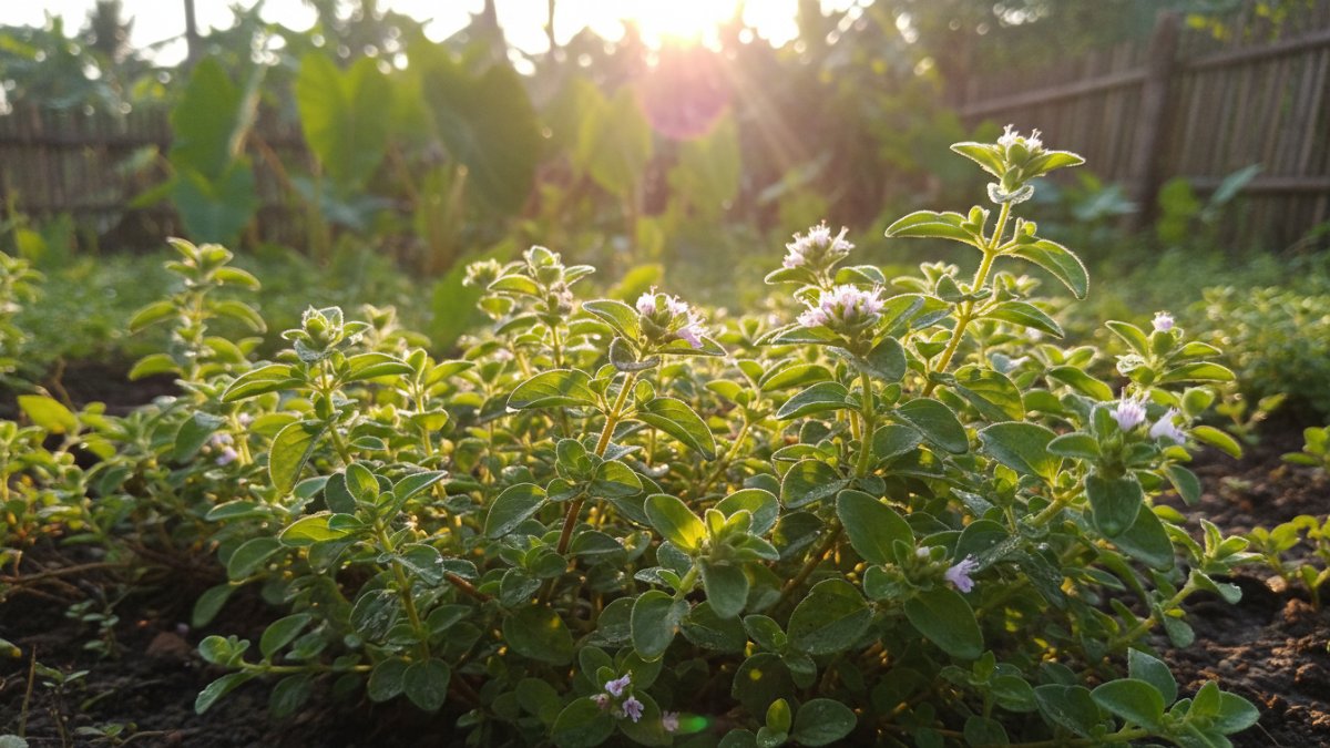 Tanaman marjoram terkena sinar matahari pagi.
