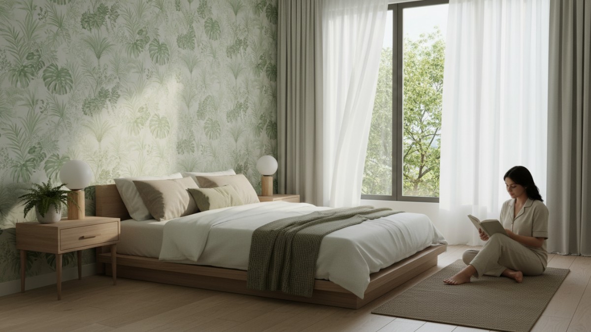 Ilustrasi kamar aesthetic dengan wallpaper motif botanical warna sage green cocok untuk iklim tropis.