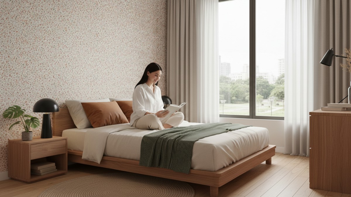 Contoh wallpaper motif kecil earthy tone di kamar ukuran 3x3 meter.