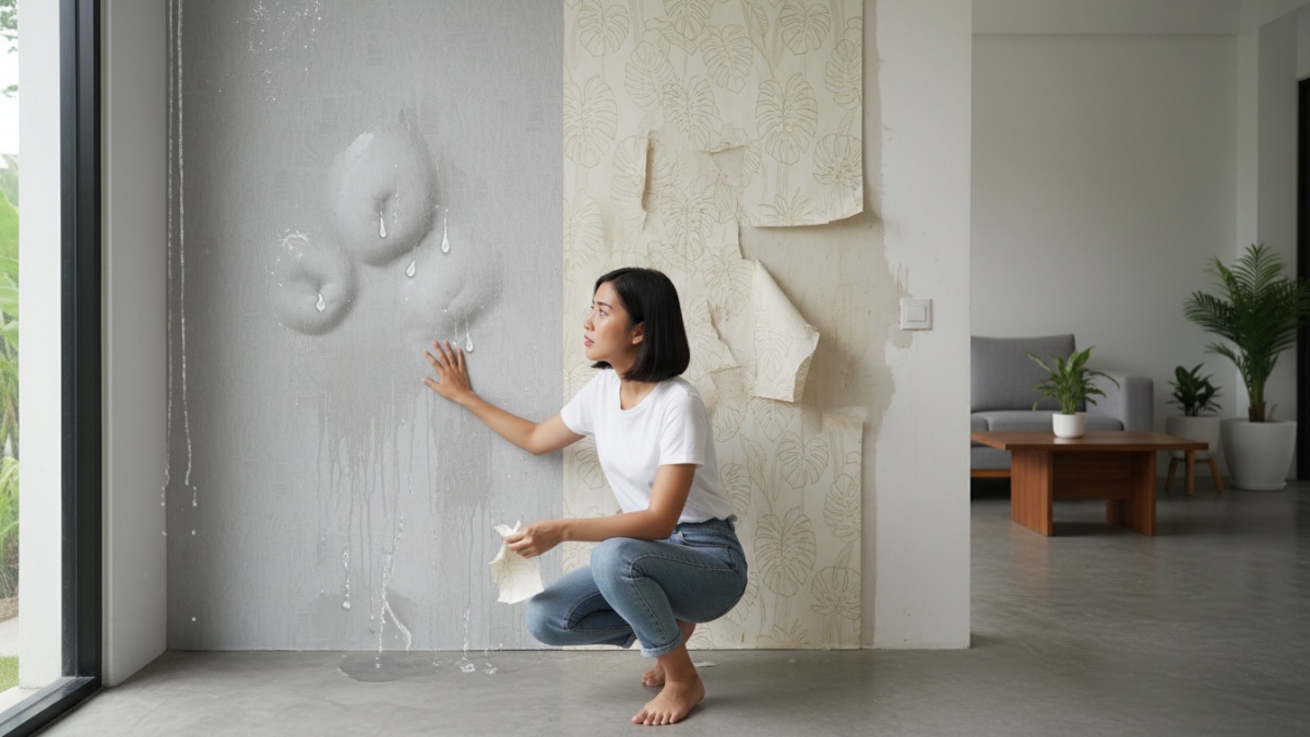 Perbandingan tekstur wallpaper vinyl dan kertas dalam kondisi lembap.