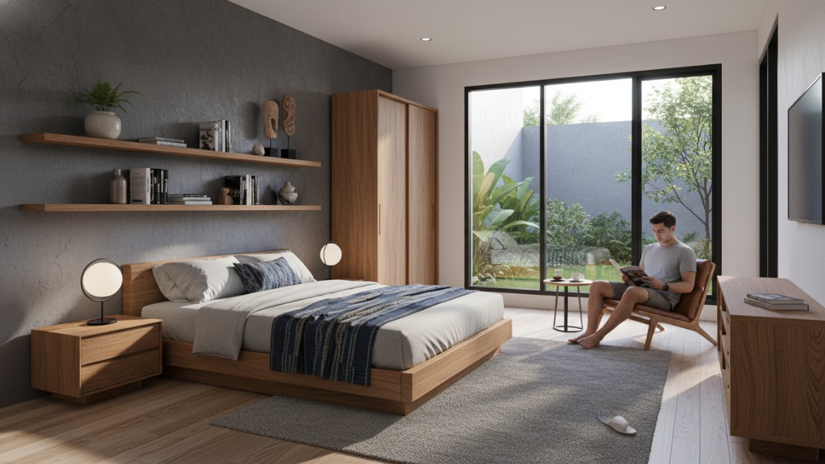 Ilustrasi kamar cowok dengan accent wall charcoal dan furnitur kayu minimalis.