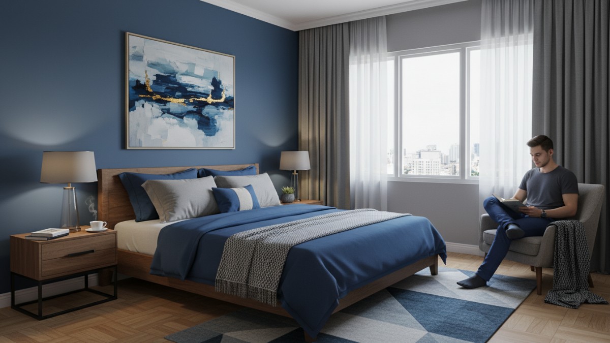 Contoh kombinasi navy dan warm grey pada kamar ukuran 3x3 meter.
