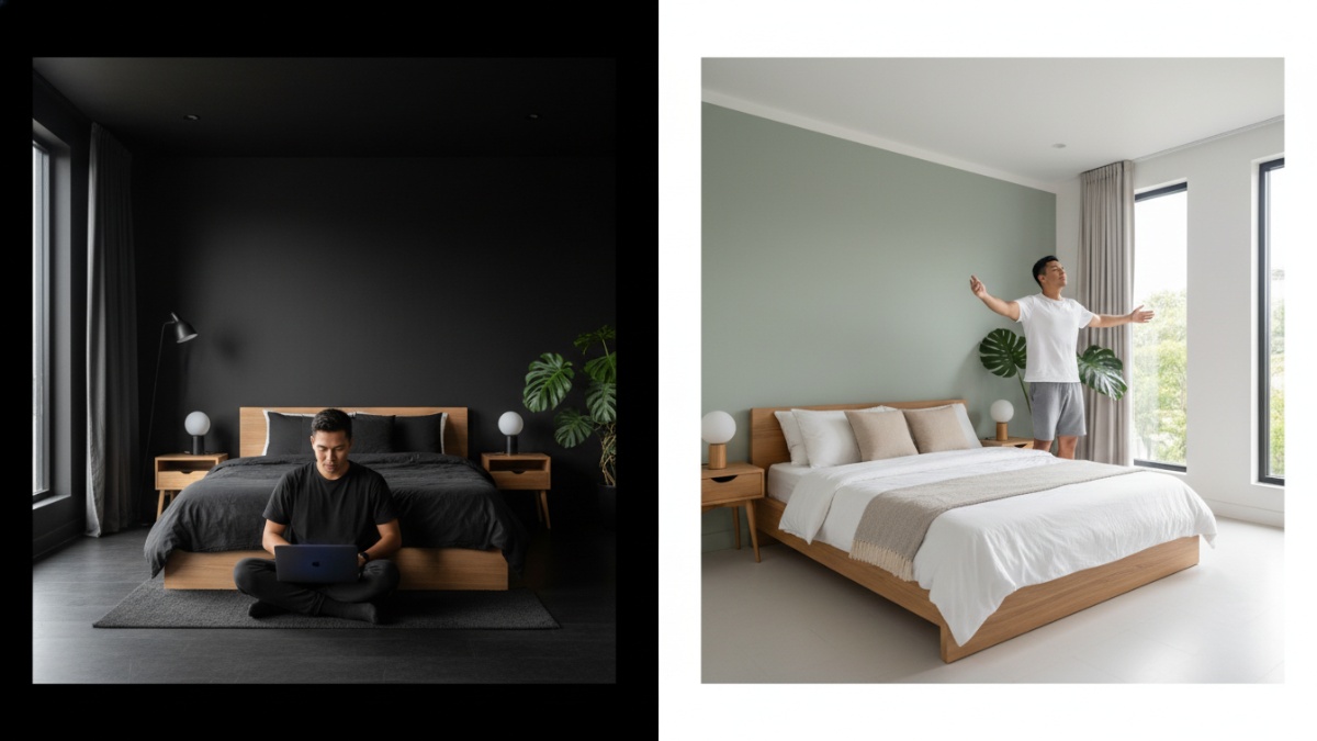 Perbandingan kamar full hitam dan kamar dengan accent wall.