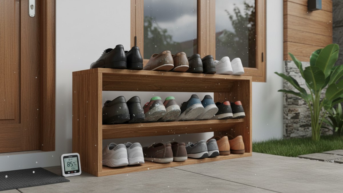 Rak sepatu minimalis dengan ventilasi di rumah modern Balikpapan, solusi penyimpanan tahan lembap.