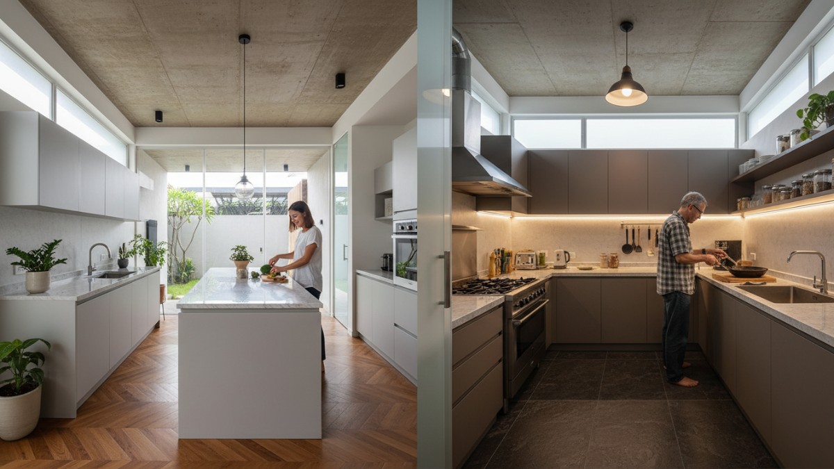 Ilustrasi perbandingan dapur depan terbuka dan dapur belakang tertutup pada rumah minimalis.
