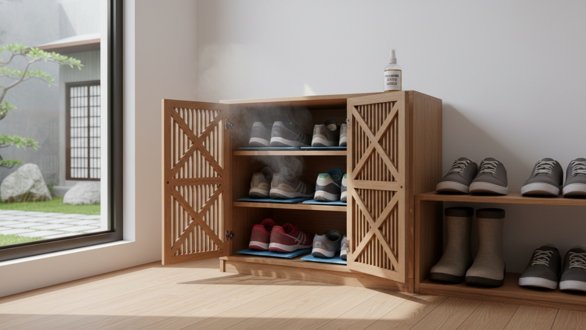 Contoh ventilasi kabinet sepatu untuk cegah bau dan jamur.