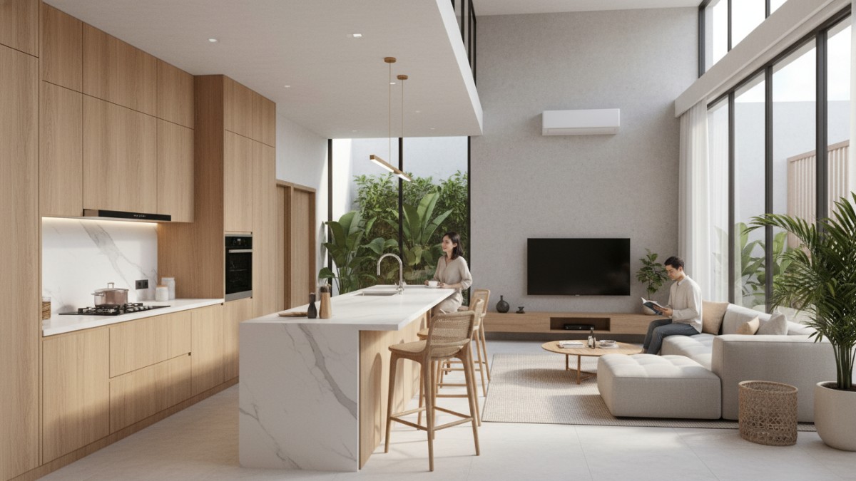 Contoh dapur depan menyatu dengan ruang tamu konsep open plan.