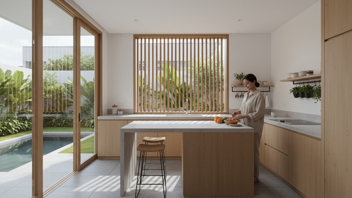 Dapur belakang dengan ventilasi jendela menghadap halaman.