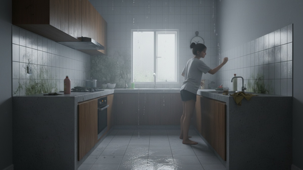 Ilustrasi masalah lembap pada dapur minim ventilasi.