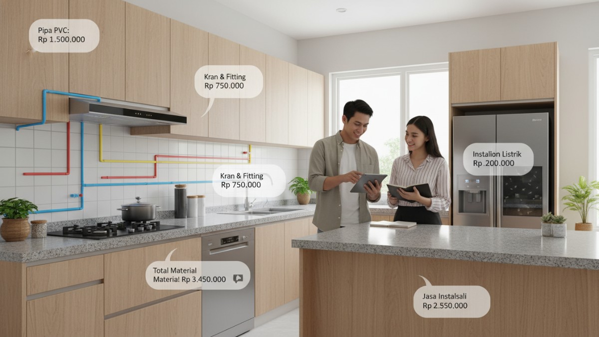Skema instalasi pipa dan estimasi biaya kitchen set.