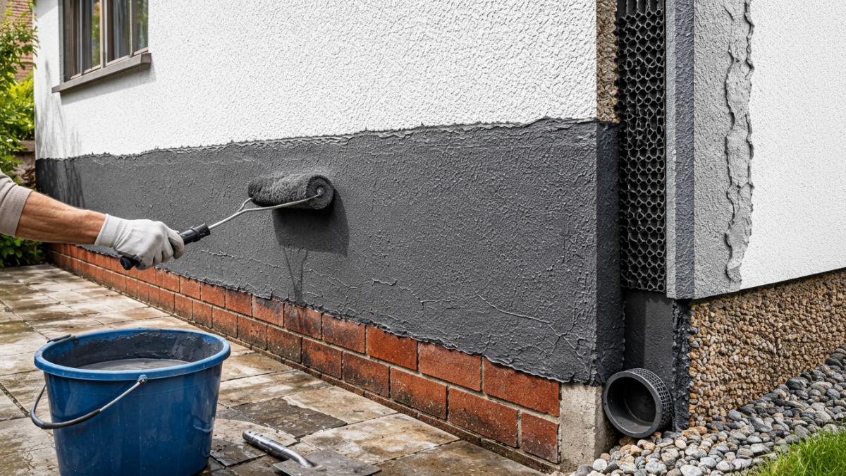 Dinding rumah dengan lapisan waterproofing untuk mencegah rembes air hujan.