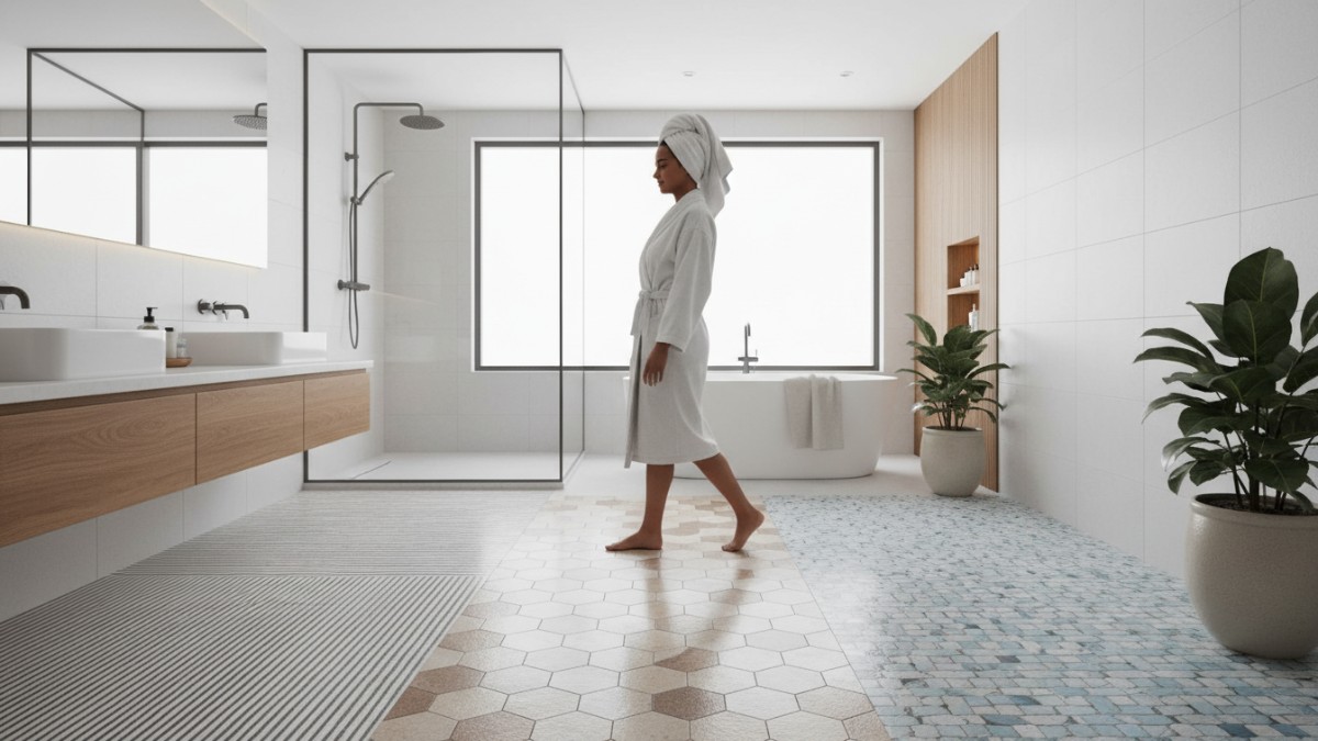 Ilustrasi berbagai motif lantai kamar mandi anti-slip modern. 