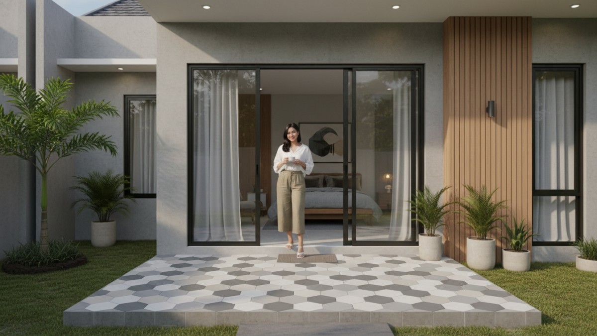 Contoh lantai hexagon matte warna netral. 