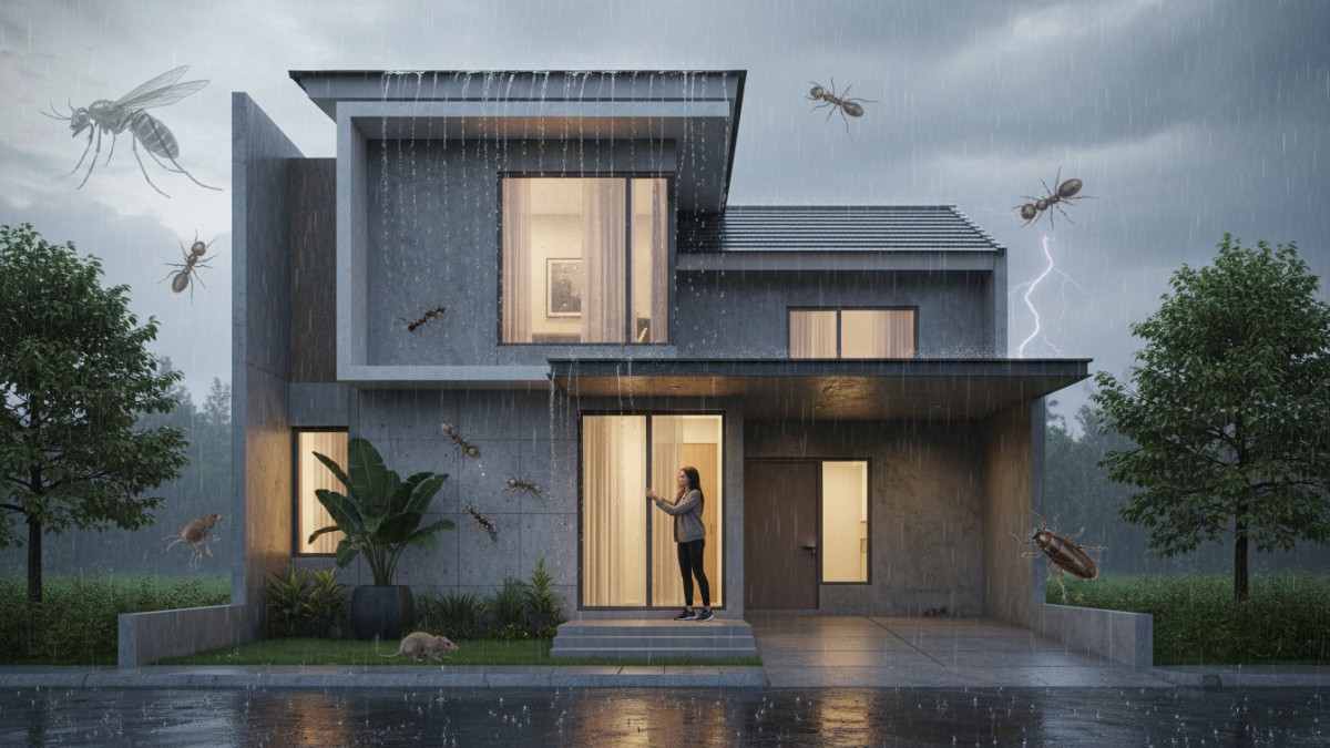 Ilustrasi rumah saat musim hujan dengan ikon hama umum.