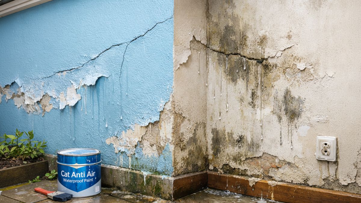 Contoh kesalahan aplikasi waterproofing pada tembok luar.