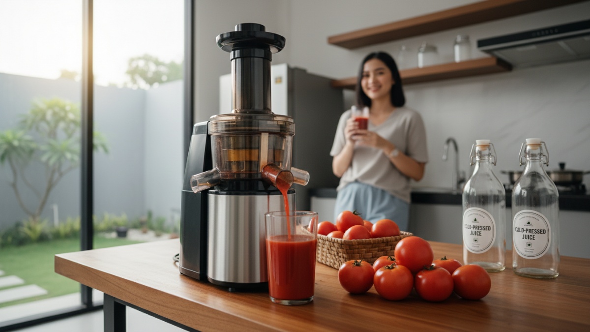 Segelas jus tomat merah pekat hasil slow juicer di dapur modern.