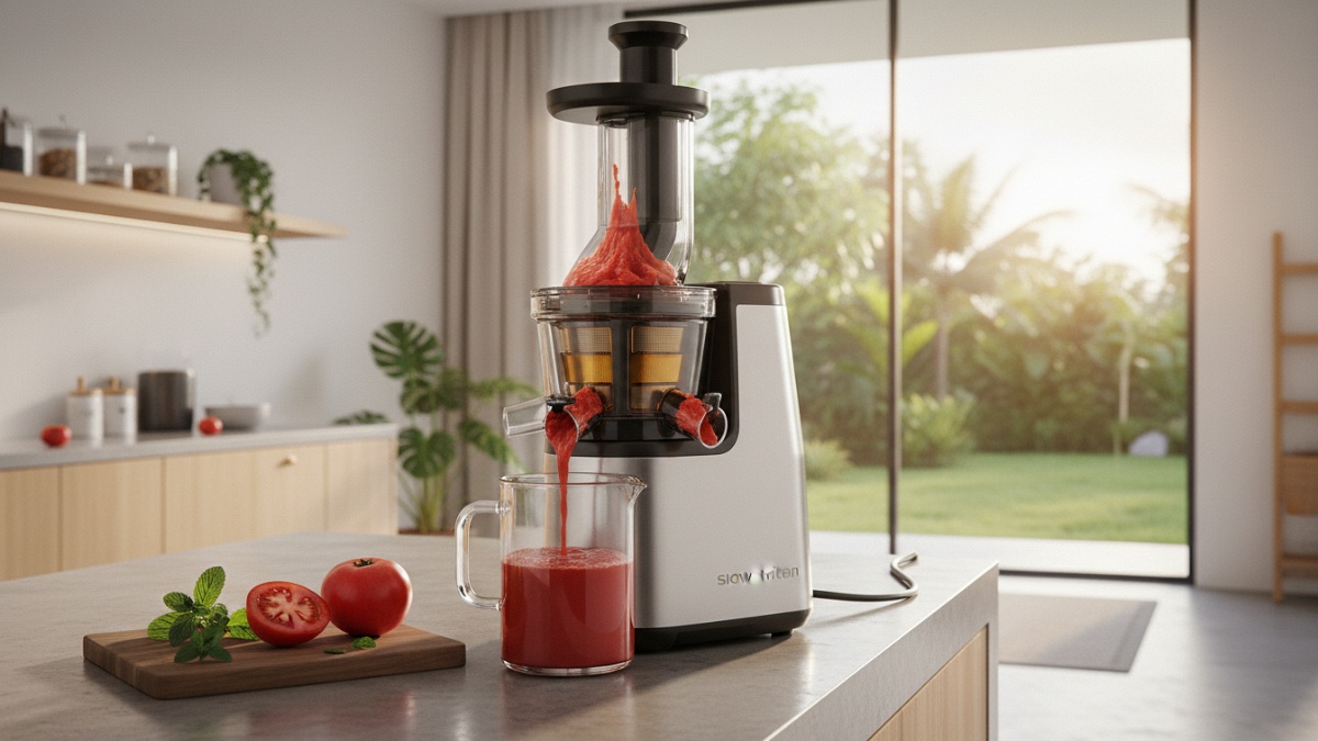 Proses ekstraksi tomat menggunakan slow juicer putaran rendah.